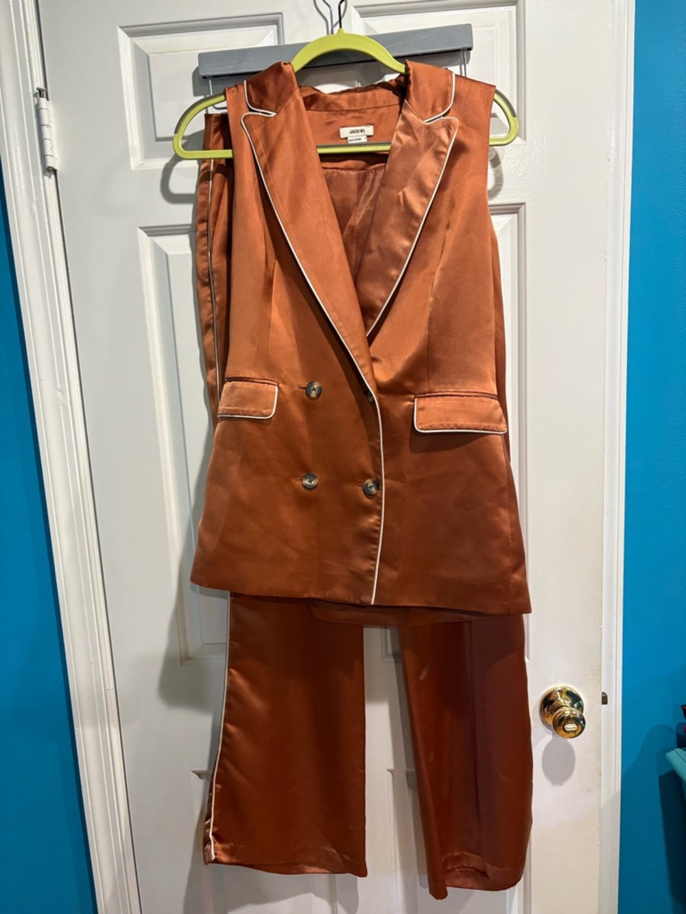 Jason Wu sleeveless jacket vest pants suit satin copper brown sz S
